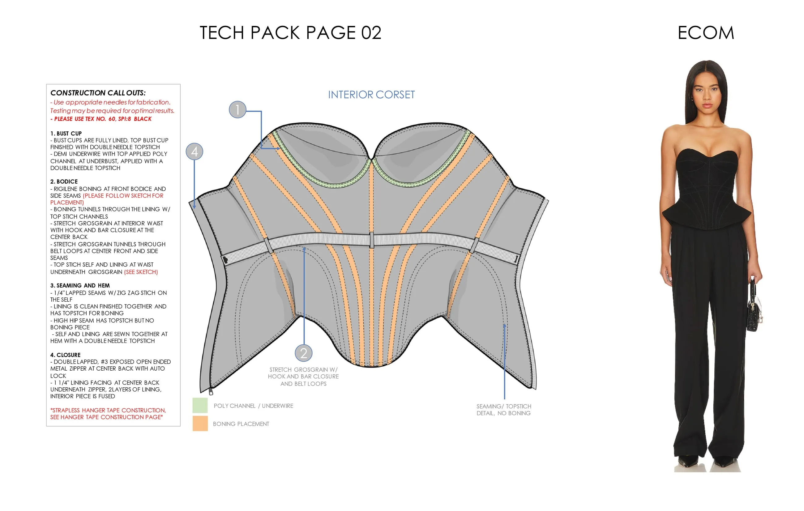 Tech pack — black corset: interior construction page and e-commerce photo