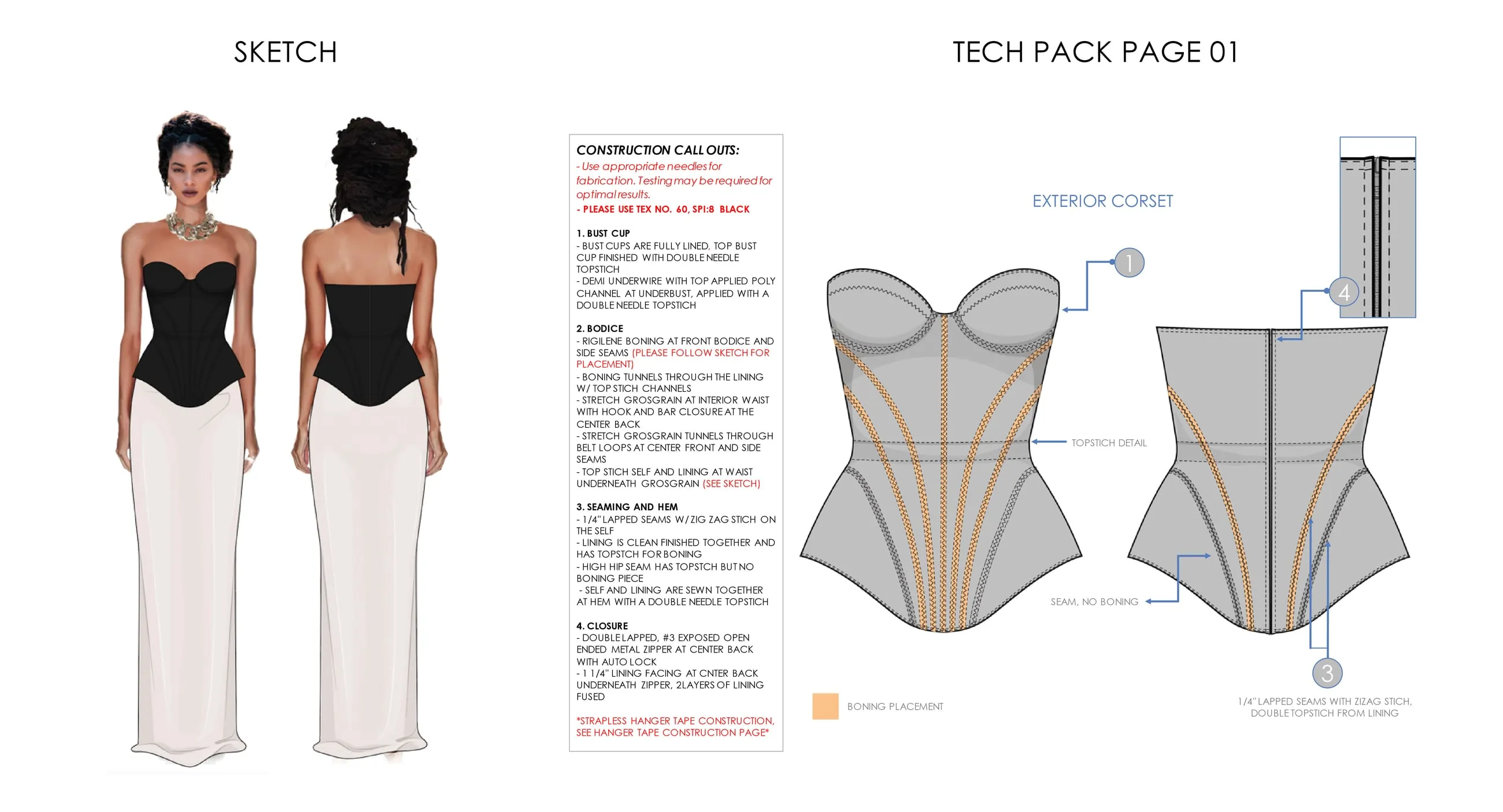 Tech pack — black corset: sketch page and exterior construction callouts