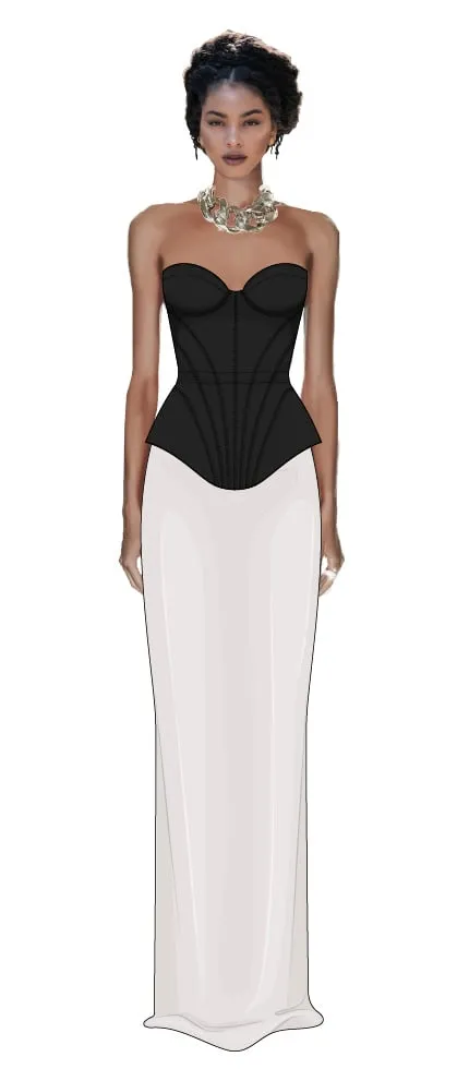 Croquis illustration — black corset bodice gown with ivory column skirt