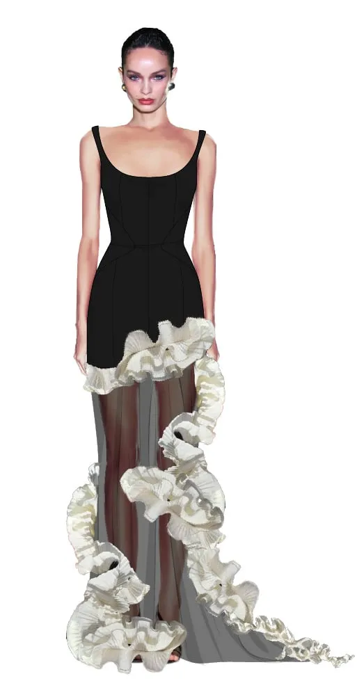 Croquis illustration — black dress with cascading ivory ruffles over a sheer skirt
