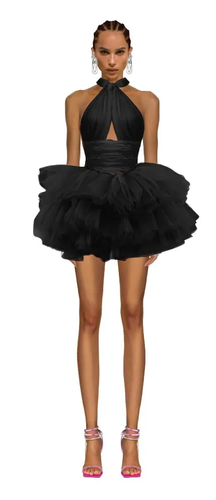 Croquis illustration — black halter mini dress with tulle skirt