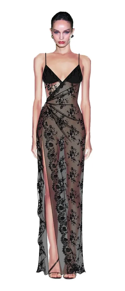 Croquis illustration — sheer black lace gown with high slit