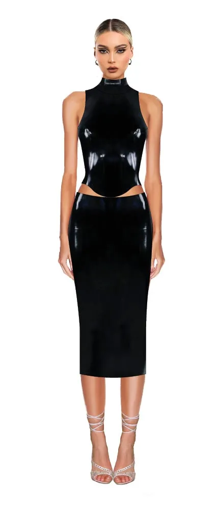 Croquis illustration — black patent mock-neck top and midi skirt set