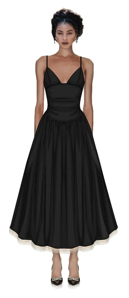 Croquis illustration — black tea-length dress with full skirt and contrast trim