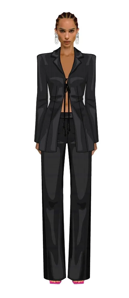 Croquis illustration — black tie-front jacket and trouser suit