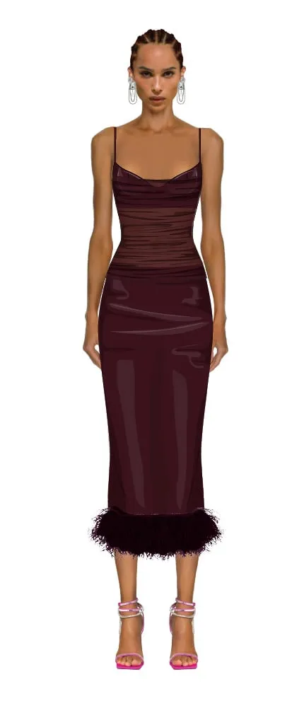 Croquis illustration — burgundy ruched midi dress with feather hem