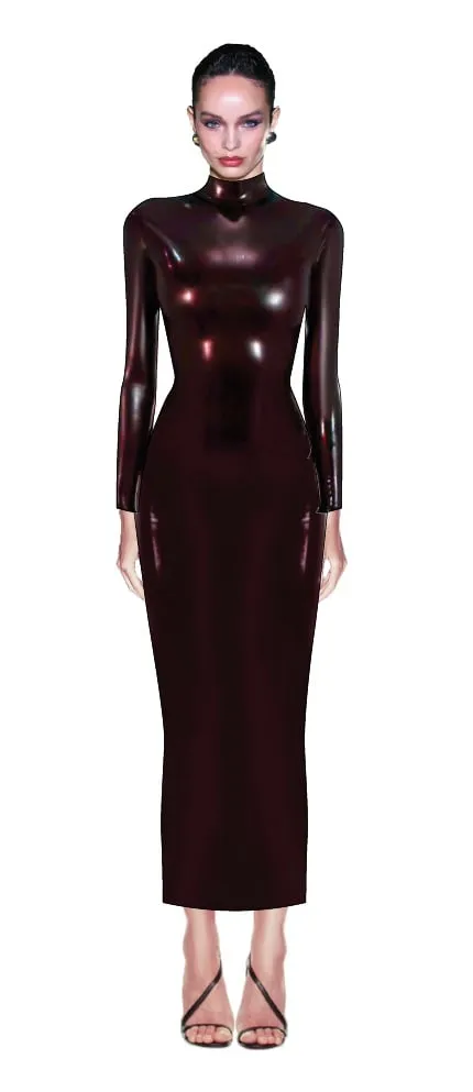 Croquis illustration — oxblood high-neck long-sleeve midi dress