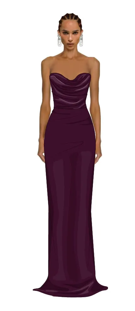 Croquis illustration — plum draped strapless column gown
