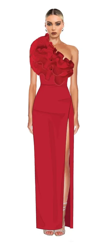 Croquis illustration — red gown with rosette shoulder and high slit