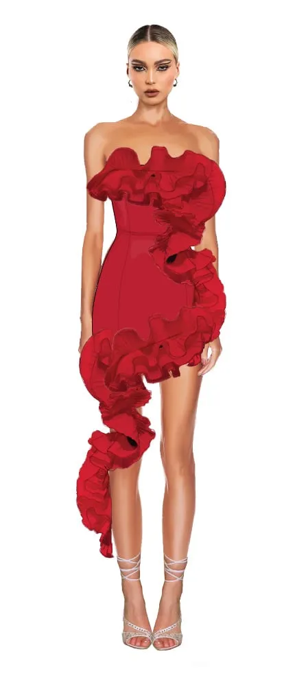 Croquis illustration — red strapless mini dress with ruffle cascade