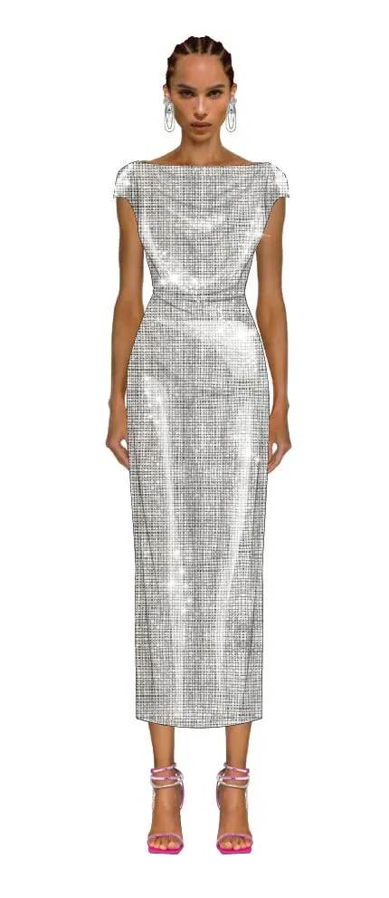 Croquis illustration — silver metallic cap-sleeve midi dress