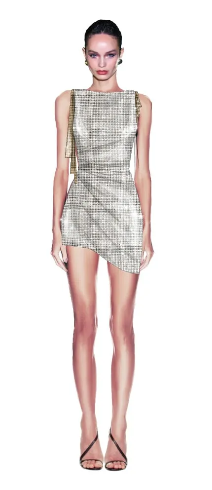 Croquis illustration — silver sequin mini dress with asymmetric hem