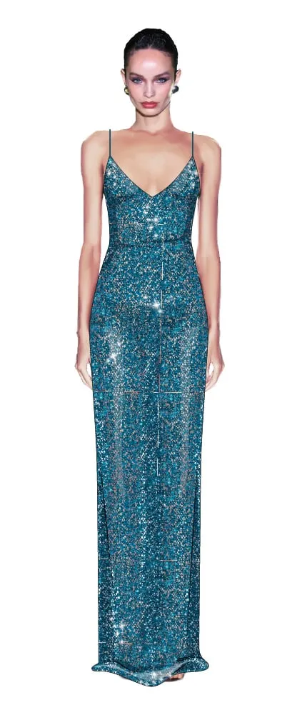 Croquis illustration — teal sequin slip gown