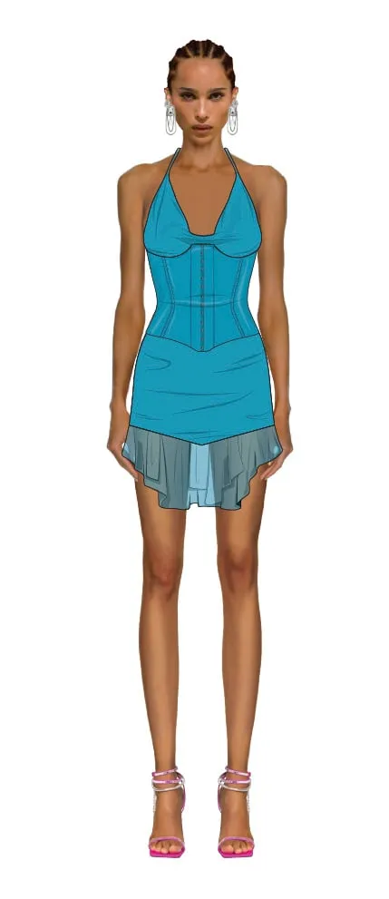 Croquis illustration — turquoise corset mini dress with chiffon ruffle hem