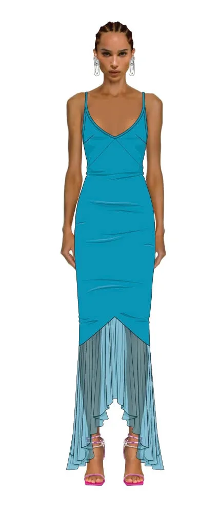 Croquis illustration — turquoise ruched gown with sheer pleated hem