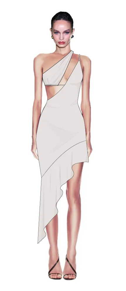 Croquis illustration — white one-shoulder dress with asymmetric hem