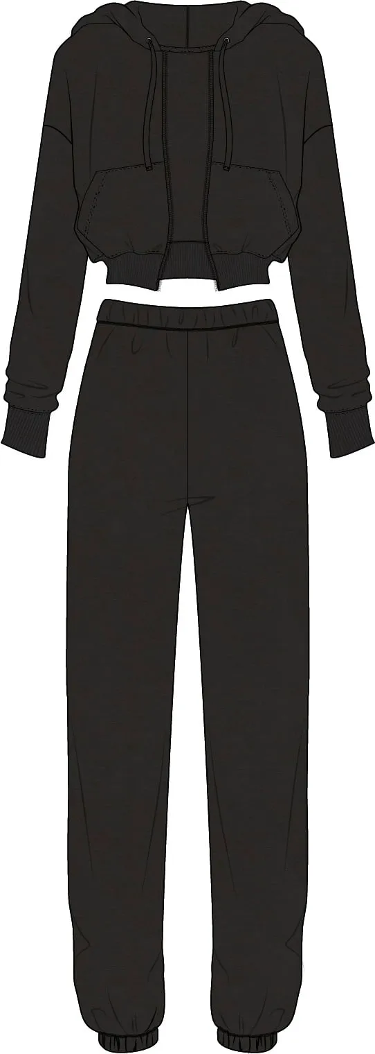 Technical flat — black cropped hoodie and jogger set