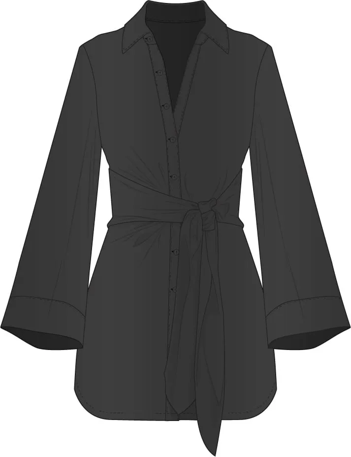 Technical flat — black tie-front shirt dress
