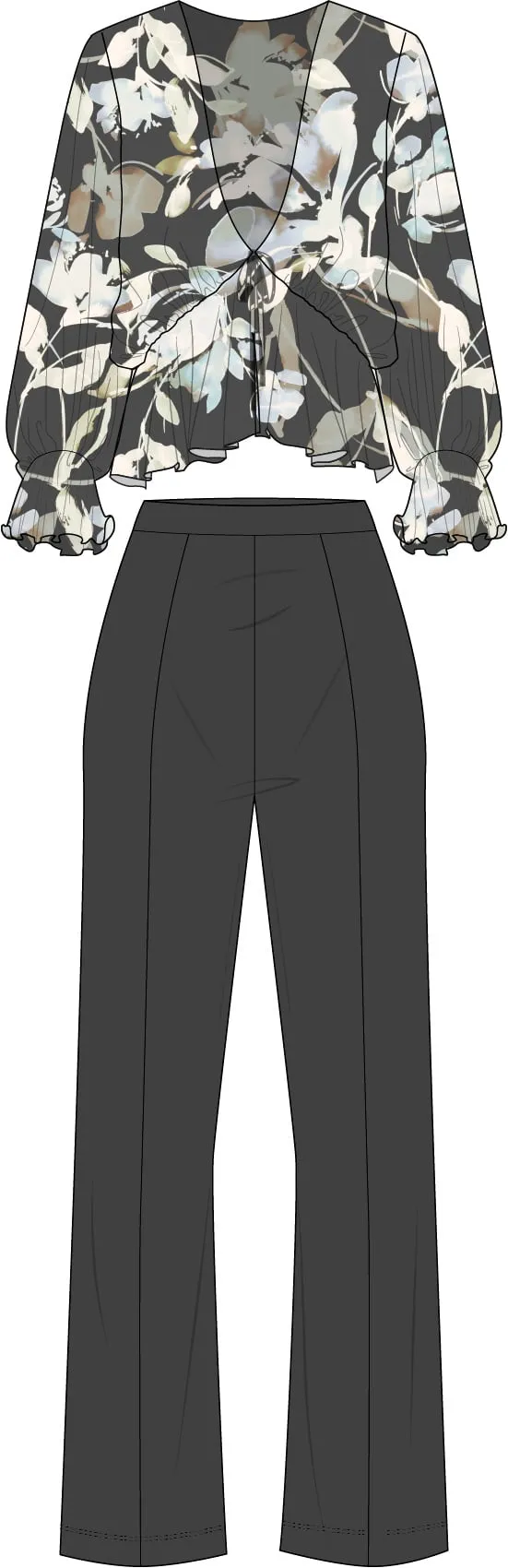 Technical flat — floral blouse and trouser set