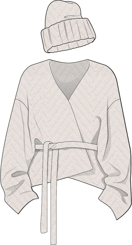 Technical flat — ivory wrap sweater and beanie set