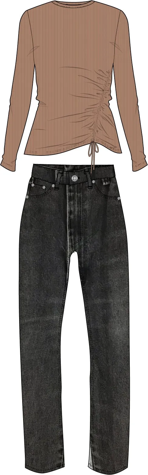 Technical flat — ruched long-sleeve top and jeans set