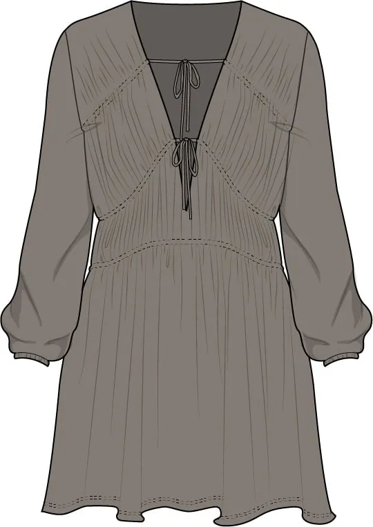 Technical flat — taupe tie-front babydoll dress