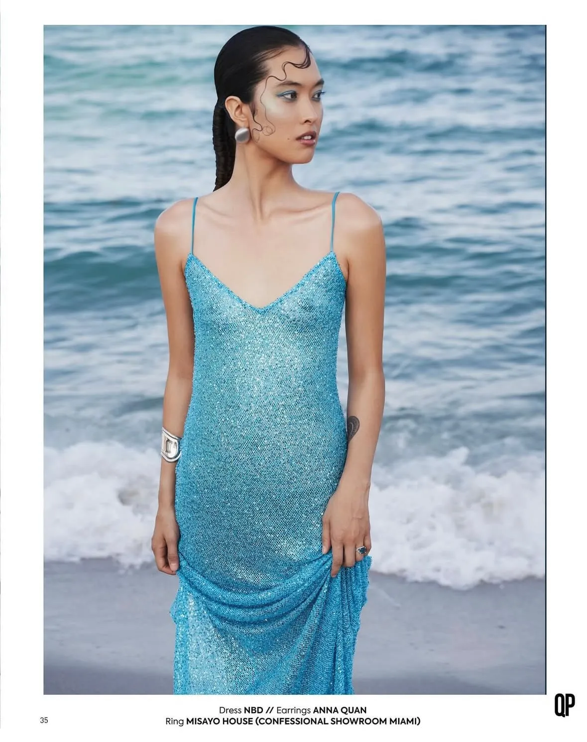 NBD blue sequin gown, editorial feature