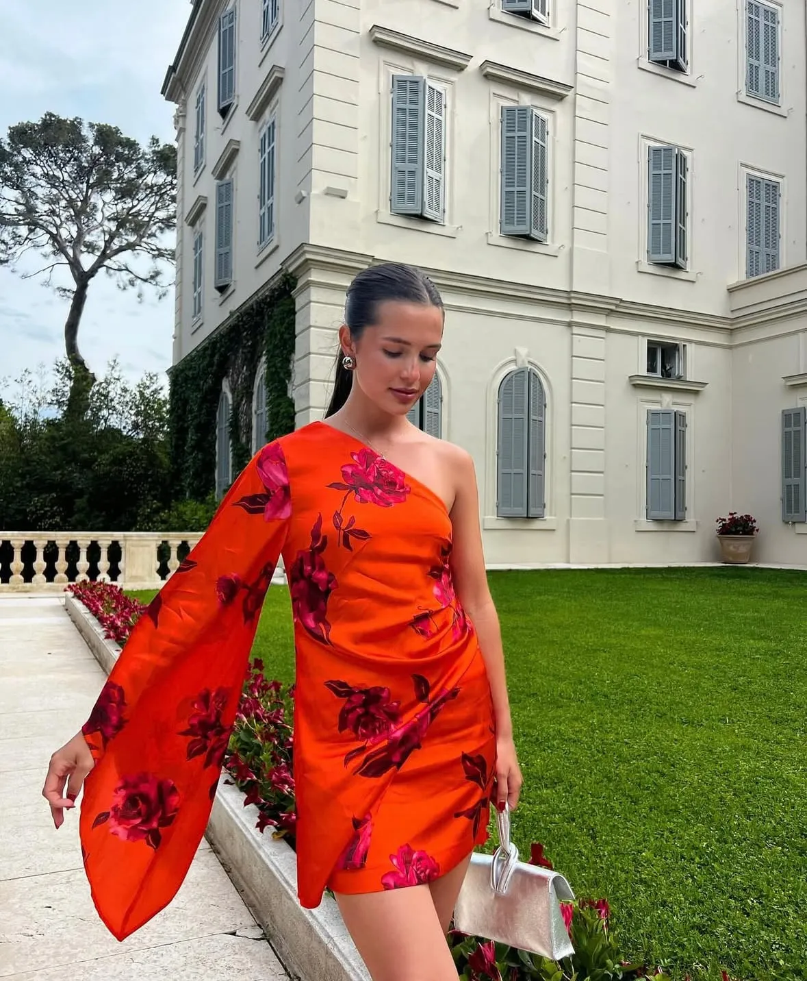 NBD orange floral dress with statement sleeve