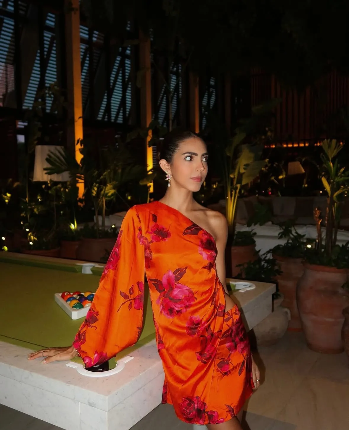NBD orange floral one-shoulder dress