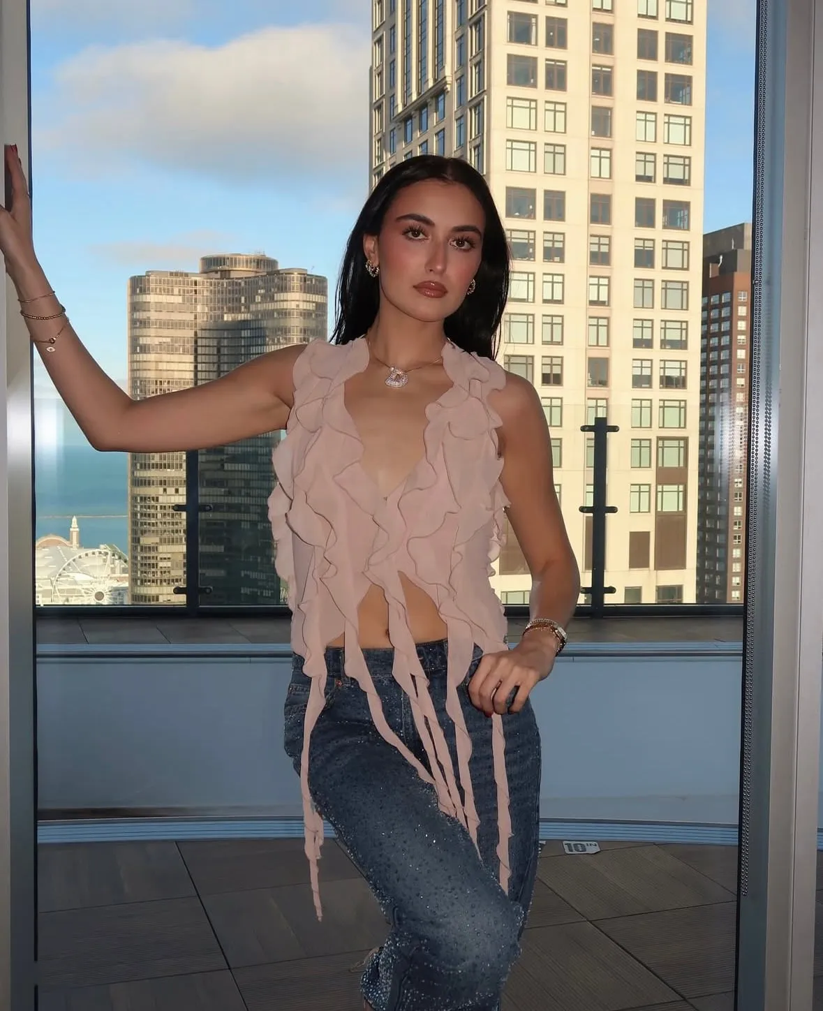 NBD ruffle top, city rooftop