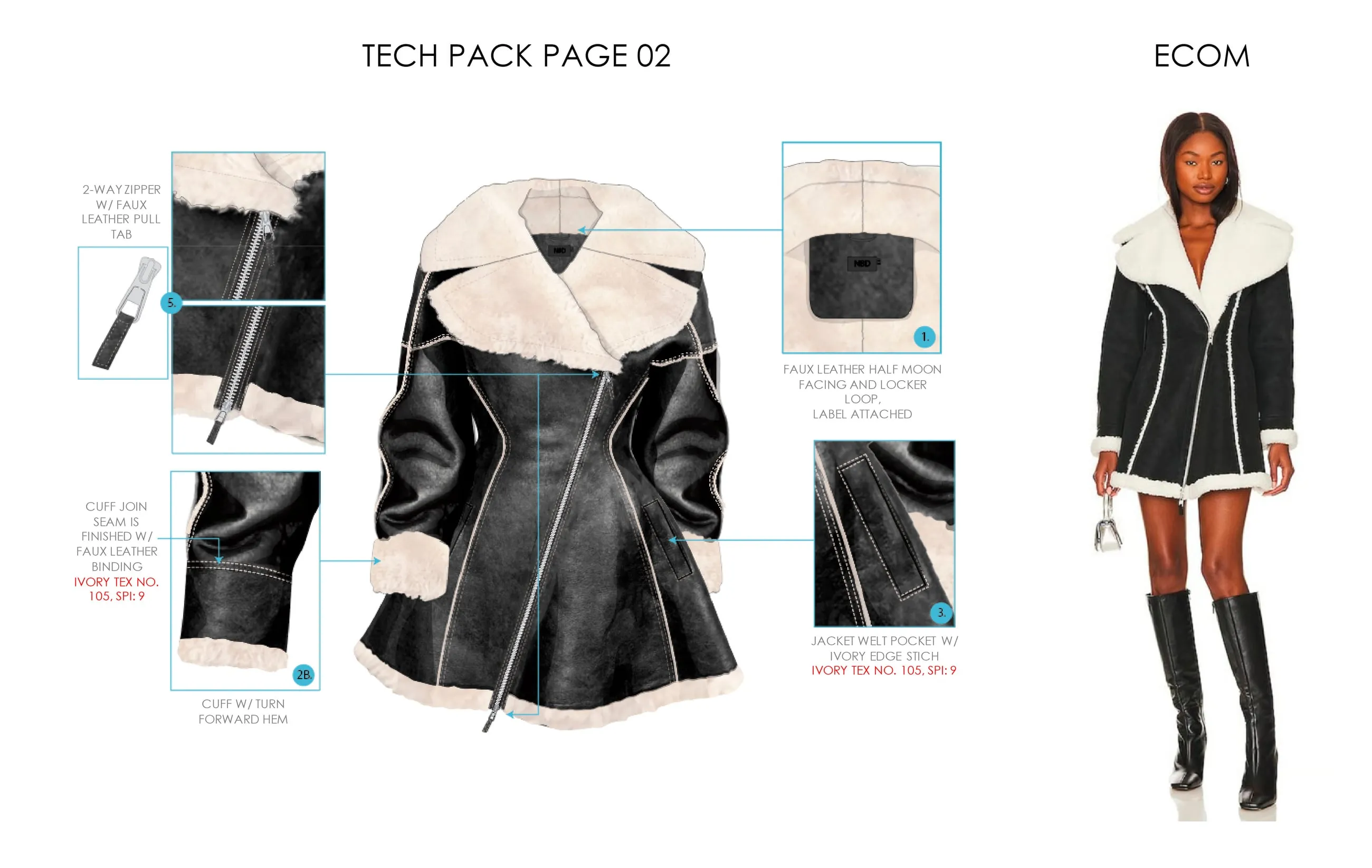 Tech pack — shearling-trim coat: detail construction page and e-commerce photo