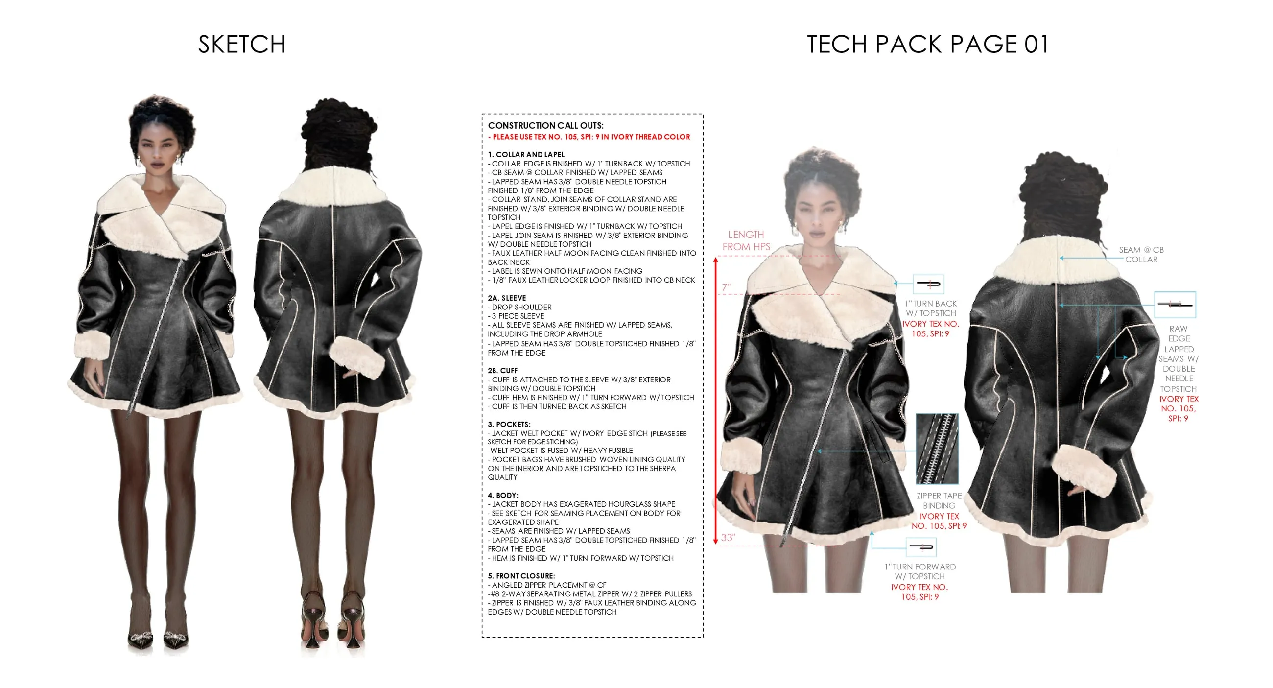 Tech pack — shearling-trim coat: sketch page and construction callouts