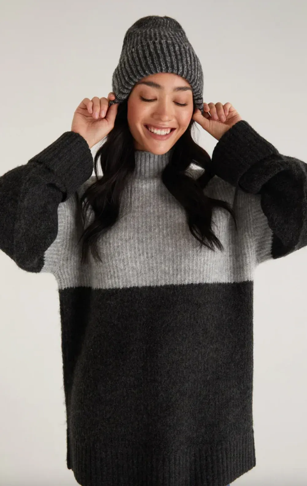 Colorblock sweater and beanie